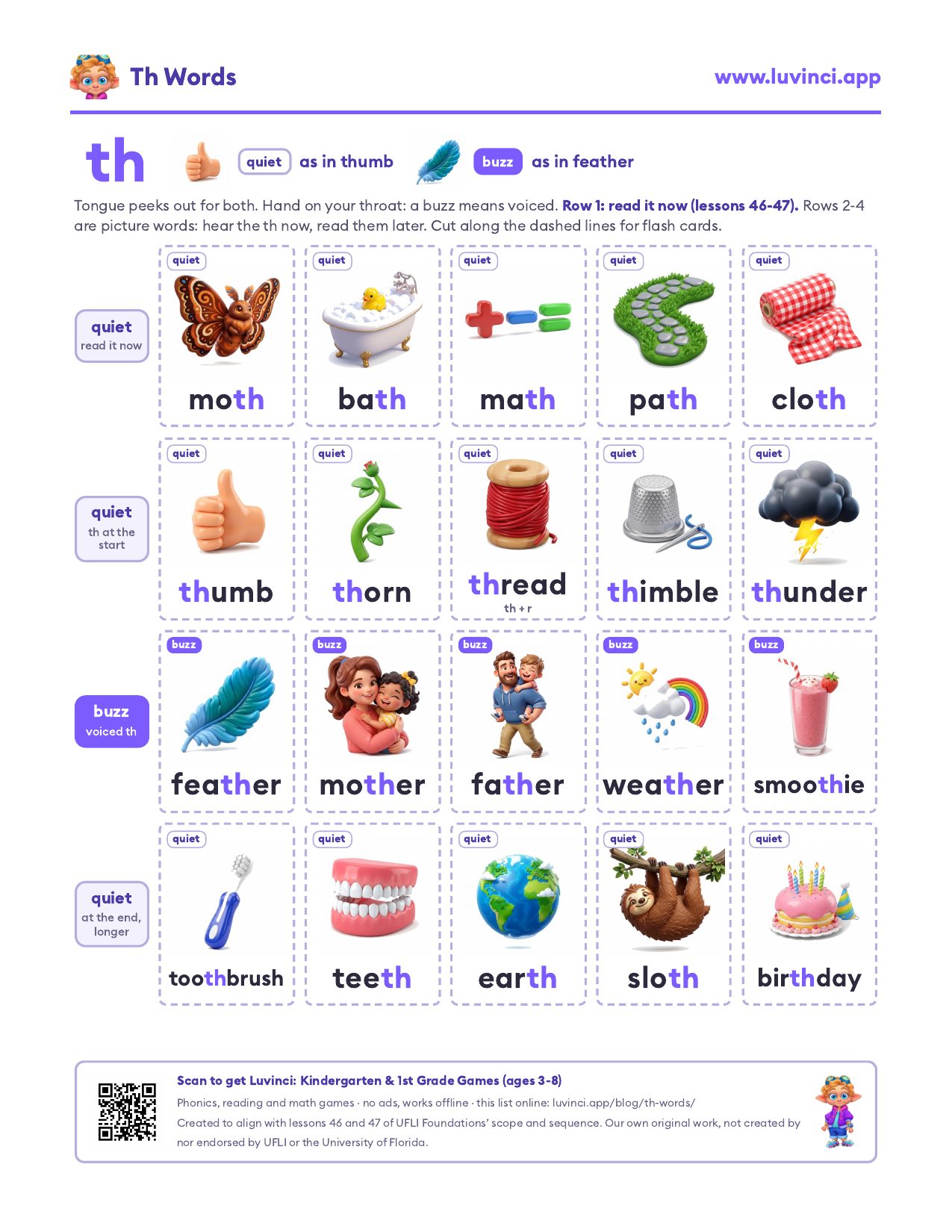 Th words with pictures: 20 flash cards, quiet th and buzz th