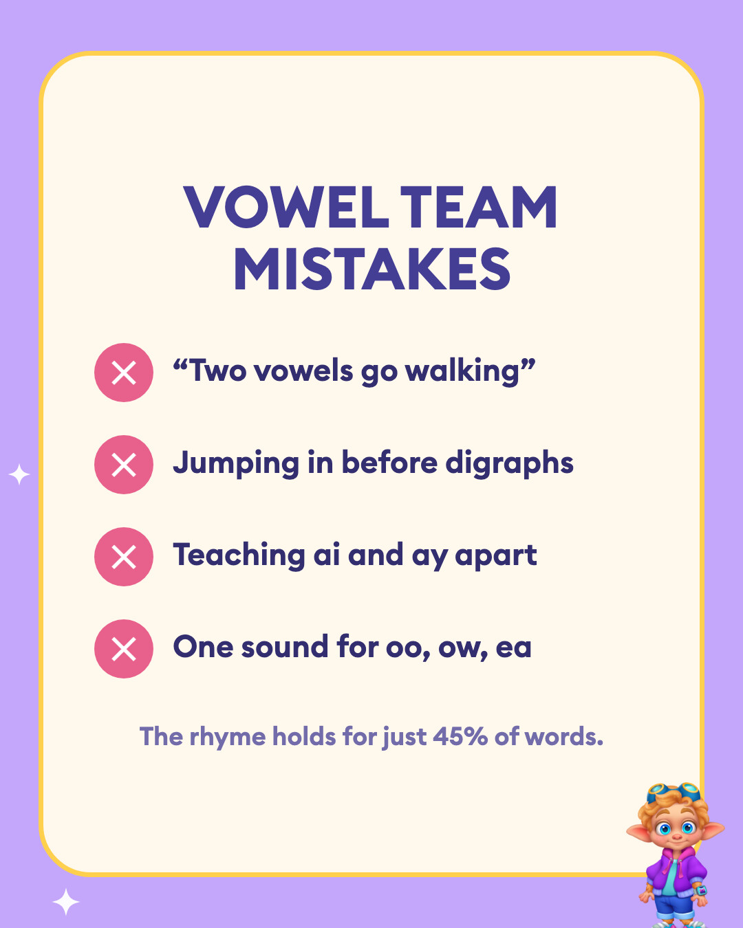 Vowel team mistakes: “Two vowels go walking”, Jumping in before digraphs, Teaching ai and ay apart, and One sound for oo, ow, ea.