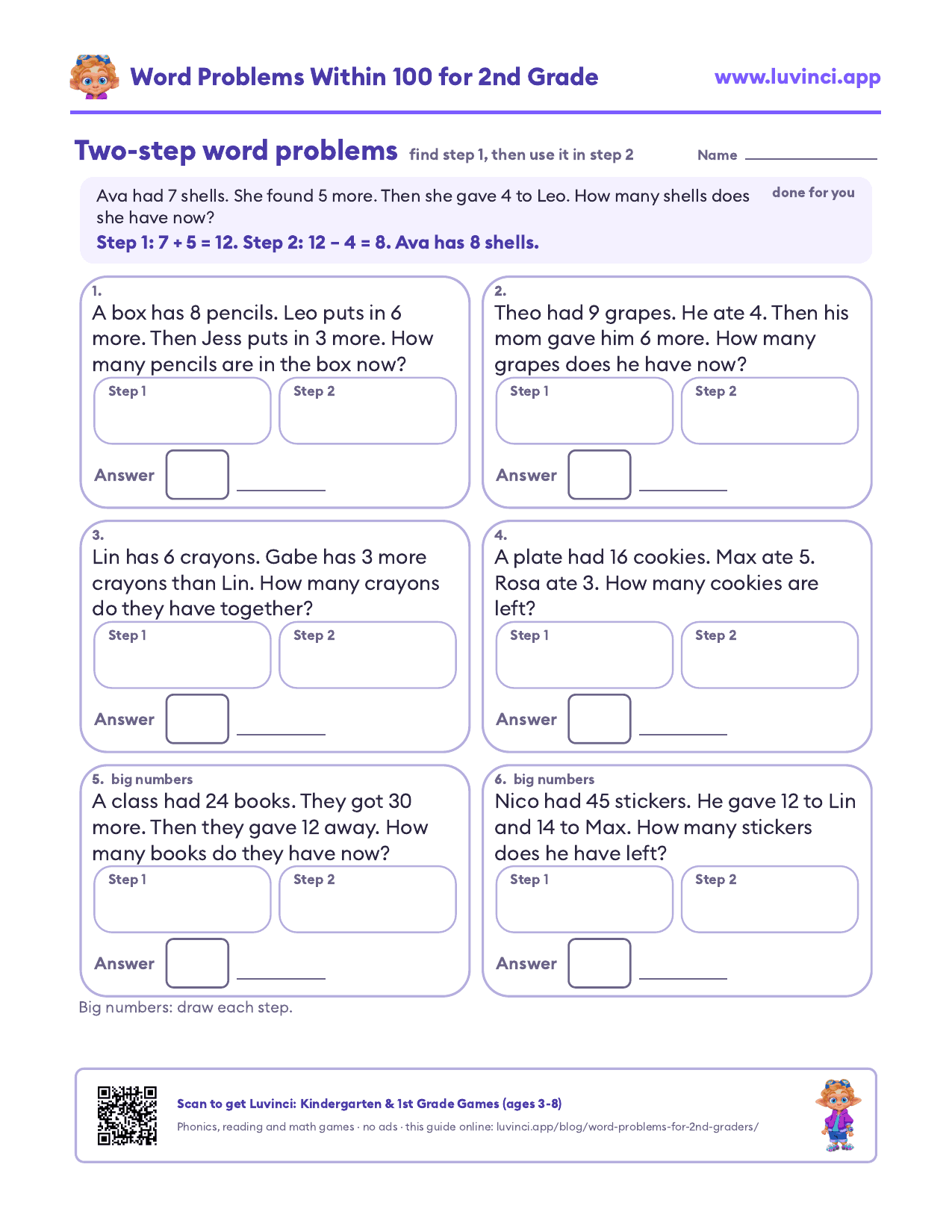 Two-step word problems for 2nd grade: 6 problems, each with a step 1 box, a step 2 box and an answer line
