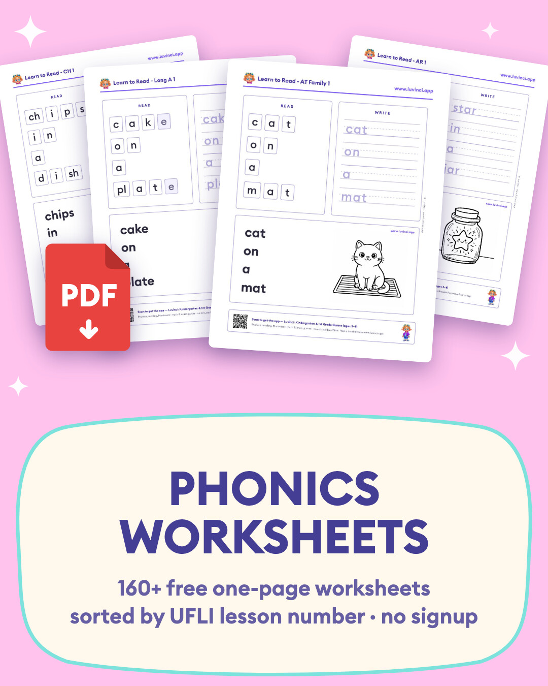 Four free one-page phonics worksheets fanned out with a PDF download icon: read, write and colour pages for cat on a mat, ch, long a and ar, sorted by UFLI lesson number.