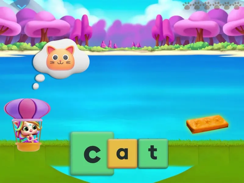משחק איות שבו ילד מרכיב את המילה cat מאריחי אותיות
